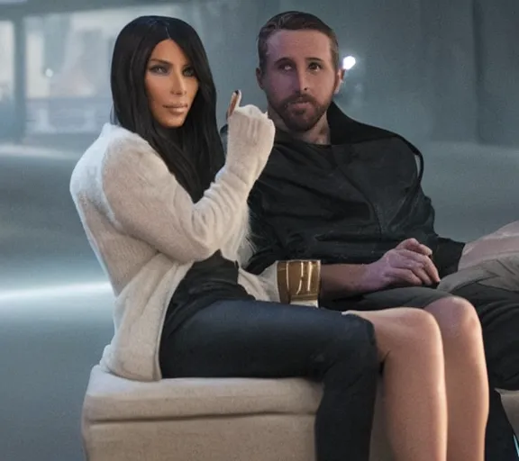 Image similar to a movie still of kim kardashian sitting with ryan gosling in the movie blade runner 2 0 4 9