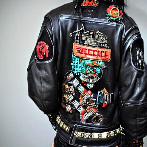 Image similar to cyberpunk, battle jacket, patches, studs