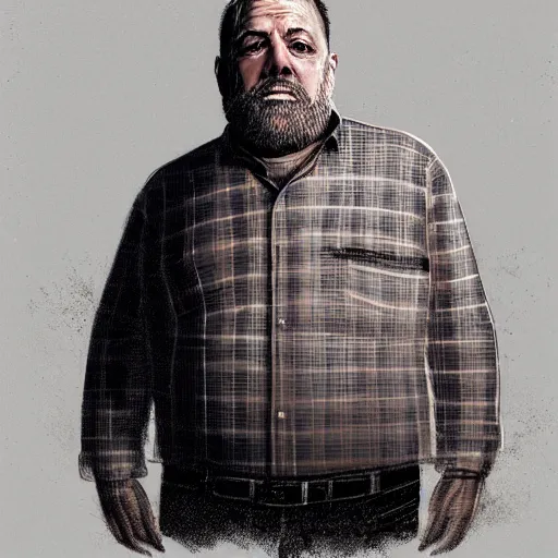 Image similar to portrait of Craig childs, an overweight 55 year old man with short gray hair and a thick, slightly long, round gray beard, round cheeks, wearing a checkered shirt, dramatic lighting, illustration by Greg rutkowski, yoji shinkawa, 4k, digital art, concept art, trending on artstation