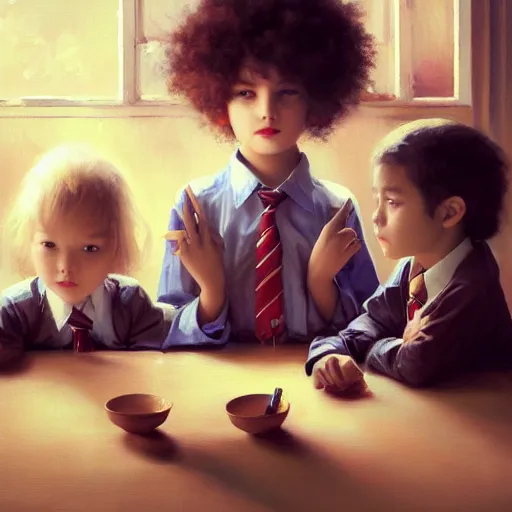 Prompt: expressive oil painting, of three! children and one teacher sitting around table, seductive look, smirking, smooth school uniform, seriuus look, made from beads, glamour shot, by yoshitaka amano, by greg rutkowski, digital art, octane render, artstation, grunge aesthetic