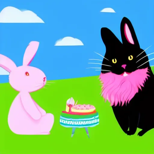 Prompt: A black cat (cat) and a rabbit having a picnic, the rabbit has pink fur.