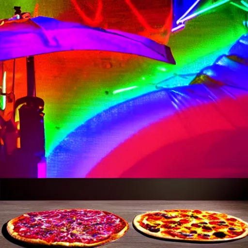 Prompt: digital pizza in a foggy misty room rainbow lights and shadows