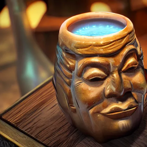 Image similar to a photorealistic photograph of a Trader Vic's tiki mug featuring Jane Seymour at a Tiki bar daybreak- Trending on Artstation, featured on Behance, well-rendered, Unreal Engine, 4K HD