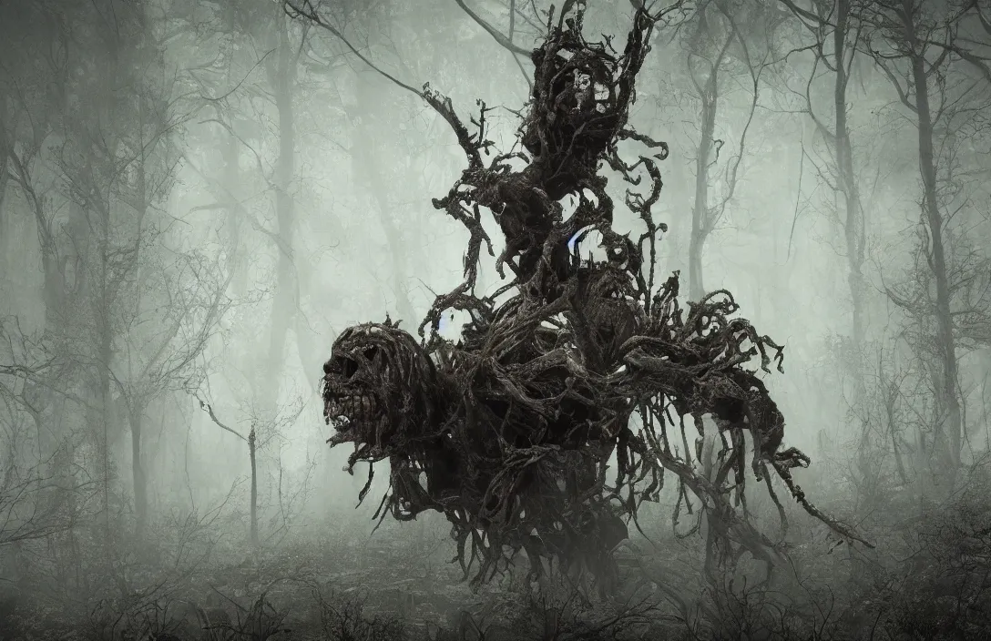 Image similar to cinematic trailer for 8 k pc game ray tracing arnold houdini octane horror game scary game. nightmare fuel. survival. lovecraftian creature hunting you. hardcore horror. intricate detail. super detailed. hyperrealism trending on artstation cgsociety wow post - processing. # horrorfilm haunted forest full of hanging skeletons. excorcism cinematography. drug fueled nightmare