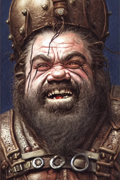 Image similar to head and shoulders portrait of a dwarf adventurer, jovial, scarred lip, grandfatherly, leather armor, male, tavern, high fantasy, d & d, by donato giancola, face details, extremely detailed, digital illustration