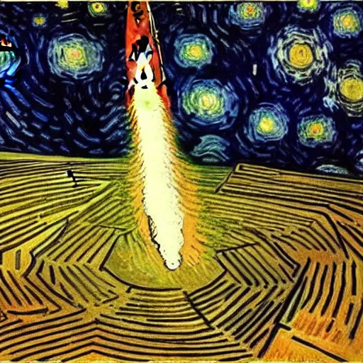 Image similar to a painting of a space ship launching by van gogh