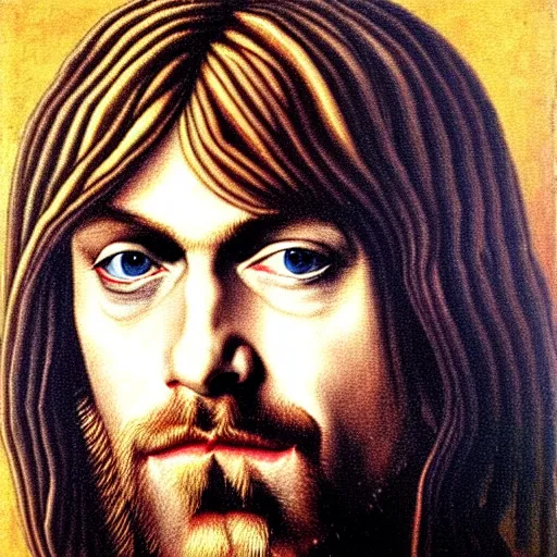 Prompt: Portrait of Kurt Cobain, oil painting by albrecht durer