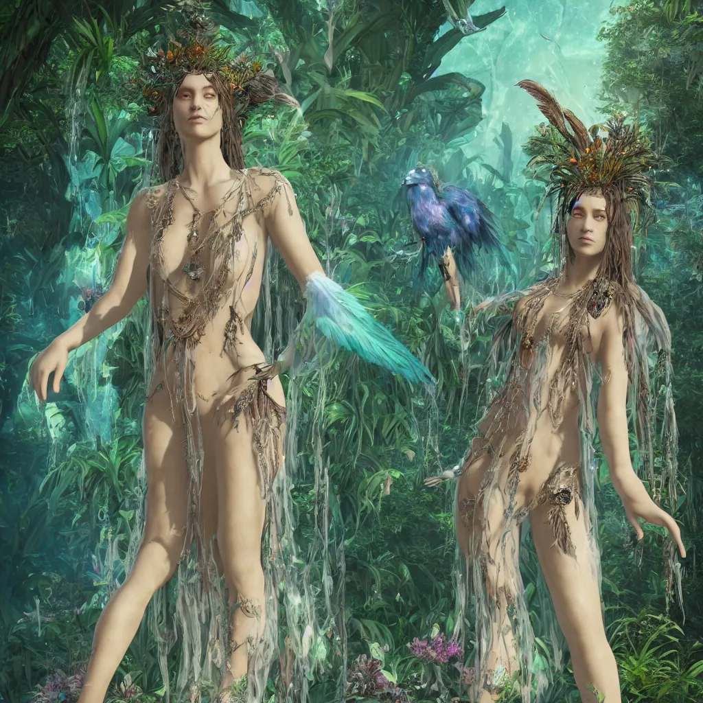 Image similar to single full body wiccan high priestess with angelic face, super fine details and intricate jewelry with feathers and crystals, ethereal, in clear water surrounded by lush plants flowers and phoenix birds, divine realm of gods, solarpunk realistic cinematic style, filmed in 70mm, volumetric lighting, octane render, photographic, concept art, artist Leonardo DaVinci, unreal engine, 8k