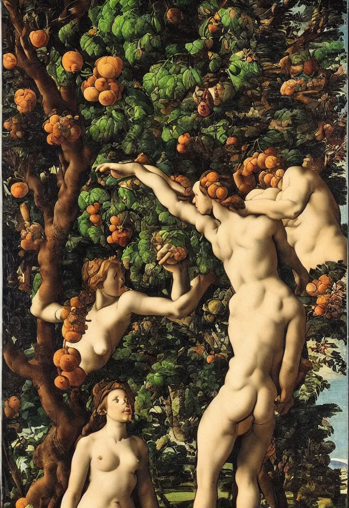 Prompt: men and women, portrait, garden with fruits on trees, ultra detailed, Orazio Gentileschi style, Michelangelo style