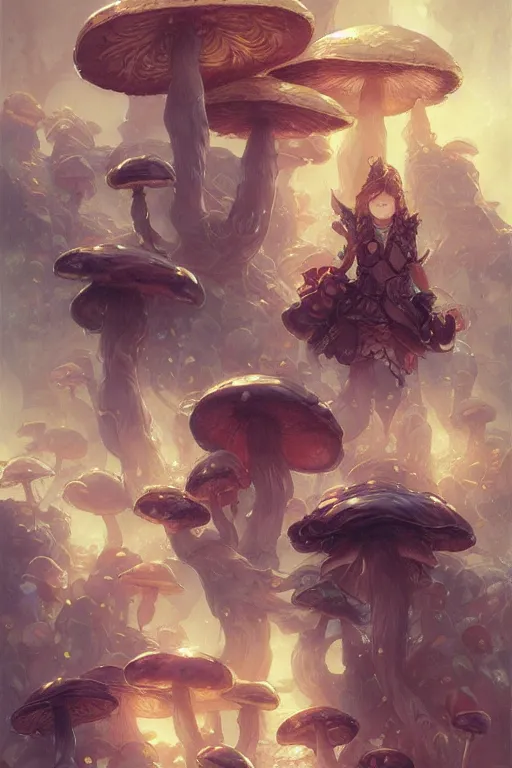 Image similar to mushrooms with faces, manga cover style, D&D, fantasy, highly detailed, digital painting, artstation, concept art, sharp focus, illustration, art by artgerm and greg rutkowski and alphonse mucha
