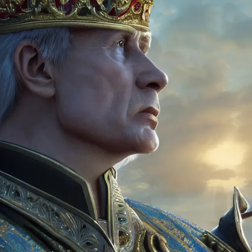 Prompt: highly detailed vfx of vladimir putin as king, unreal engine, chrome reflect, tom bagshaw, alphonse mucha, global illumination, detailed and intricate environment