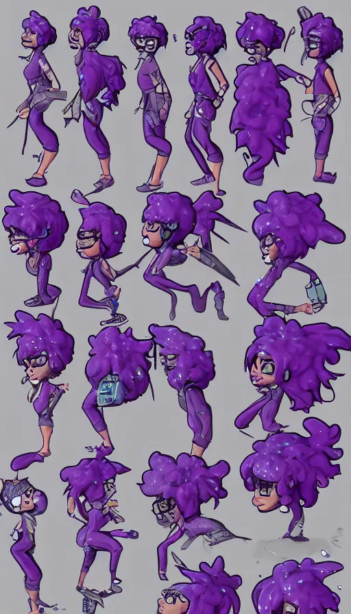 Image similar to a sprite sheet of a realistic graffiti wirter holding a spray can and purple hair, sweat drops, insane, intricate, highly detailed, smooth, sharp focus, Unreal Engine 5, 8K