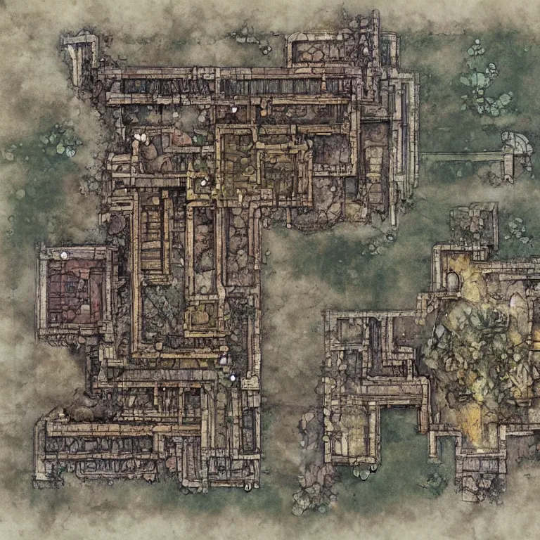 Image similar to full - color fantasy floor plan map of a ruined temple, by greg rutkowski and james gurney, trending on artstation