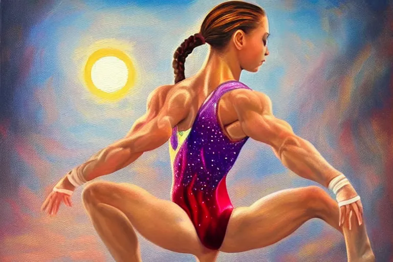 Image similar to gymnast girl, fantasy, painting, ultra realistic!!!, clear weather, golden hour, sharp focus