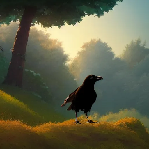 Image similar to a wholesome animation key shot of a crow on a hill, portrait shot, studio ghibli, pixar and disney animation, sharp, rendered in unreal engine 5, anime key art by greg rutkowski, bloom, dramatic lighting