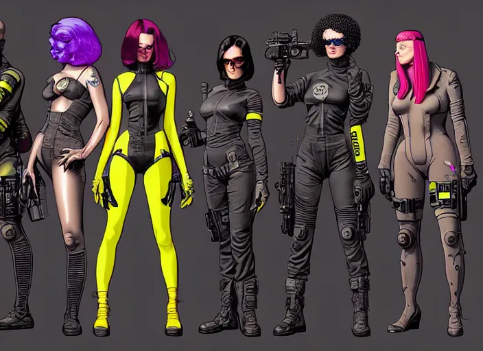 Image similar to cyberpunk hazmat tactical squad. portrait by stonehouse and mœbius and will eisner and gil elvgren and pixar. character design. realistic proportions. cyberpunk 2 0 7 7 character art, blade runner 2 0 4 9 concept art. cel shading. attractive face. thick lines. the team. diverse characters. artstationhq.