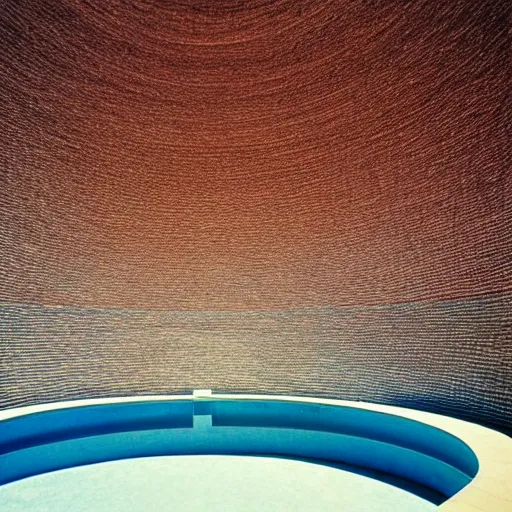 Prompt: a photo taken from inside a massive circular Non-Euclidean clay building sitting in the desert, vintage photo, beautiful cinematography, blue sky, film grain, symmetrical, coliseum, James Turrell