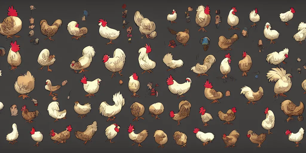 Prompt: game asset of unique chickens on black background, organic, anime fantasy illustration by tomoyuki yamasaki, props, stylized, 2 d sprites, kitbash, 8 k, close up, kyoto studio, madhouse, ufotable, comixwave films, trending on artstation