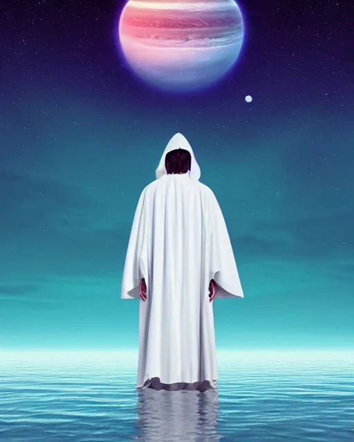 Image similar to a person wearing a white cloak standing in the water. a large planet is overhead. an album cover by stanley twardowicz, trending on cg society, retrofuturism, retrowave, chillwave, synthwave