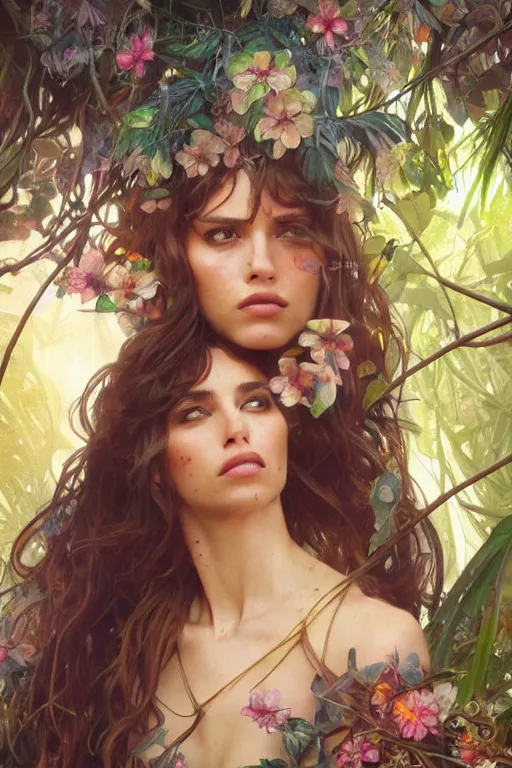 Image similar to ultra realistic illustration, bohemian girl in jungle, close up, staring directly into camera, intricate, elegant, highly detailed, digital painting, artstation, concept art, smooth, sharp focus, illustration, art by artgerm and greg rutkowski and alphonse mucha