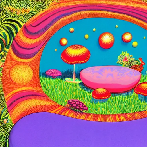 Image similar to psychedelic couch in the lush forest, planets, flowers, mushrooms milky way, sofa, cartoon by carl barks and eric carle