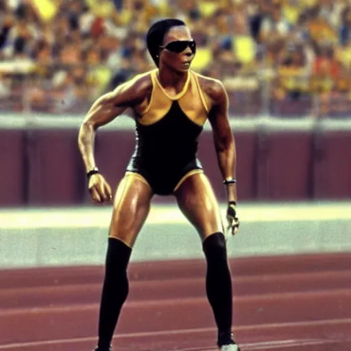 Prompt: Trinity the matrix, Female sprinter in athletic attire with cyborg legs, metal body, diesel punk, athletic footage, 1960's olympics, cinematic, art deco stadium