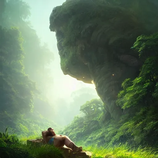 Prompt: The ancient unbelievably huge body of a fallen stone titan lying prone within a lush valley, Greg Rutkowski WLOP, dramatic lighting, view for miles, lens flare, perspective, landscape, beautiful lighting, airborne airborne airborne