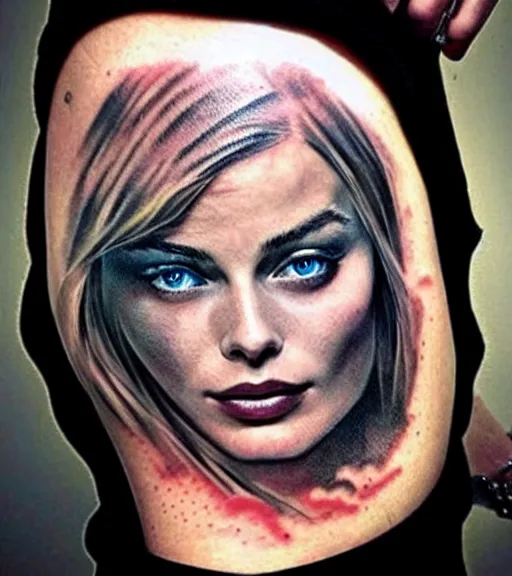 Image similar to tattoo design sketch double exposure of margot robbie with beautiful mountain scenery mash up, in the style of arlo dicristina, surrealist, amazing detail, sharp