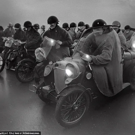 Prompt: In connection with the recent air-raid precautionary experiments in North Germany… motorists were required to join in the 'black out' at night. Headlights had to be covered with cloth hoods with small slits… Speeds of 15mph were not to be exceeded, 1937 photo