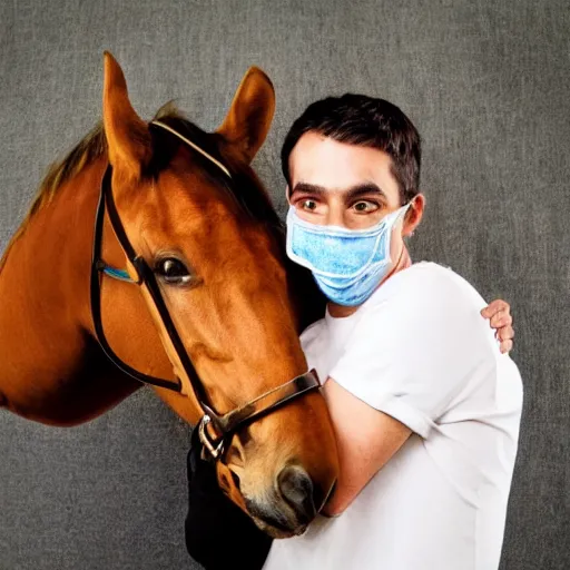 Image similar to man wearing horse head mask on shoulder of man