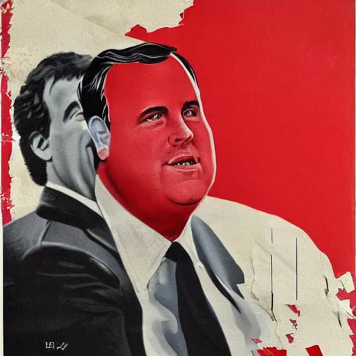 Image similar to chris christie. soviet propoaganda poster. soviet realism. monochromatic red. cheap printing, fading ink, torn edges
