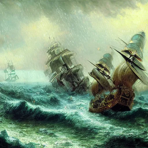 Prompt: realistic detailled matte painting of a gigantic golden metallic shining water snake with hundred tentacles coming out of the ocean, fighting a heavy burning pirate ship firing back with canons, in the middle of a heavy rain storm, impressionism, by andreas achenbach, anton otto fischer, andreas rocha, 8 k, dynamic lighting, vivid colors
