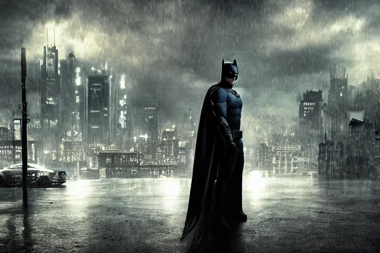 Image similar to a cinematic painting of bill crosby as batman near a dystopian cityscape on a rainy day, beautiful lighting, high depth, ultra realistic, artistic, by annie leibovitz