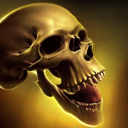 Image similar to a laughing skull, by Frank Frazetta, dark atmospheric, cinematic, trending on artstation, 4K, subsurface scattering, global illumination, raytracing, cinematic lighting, UHD, HDR