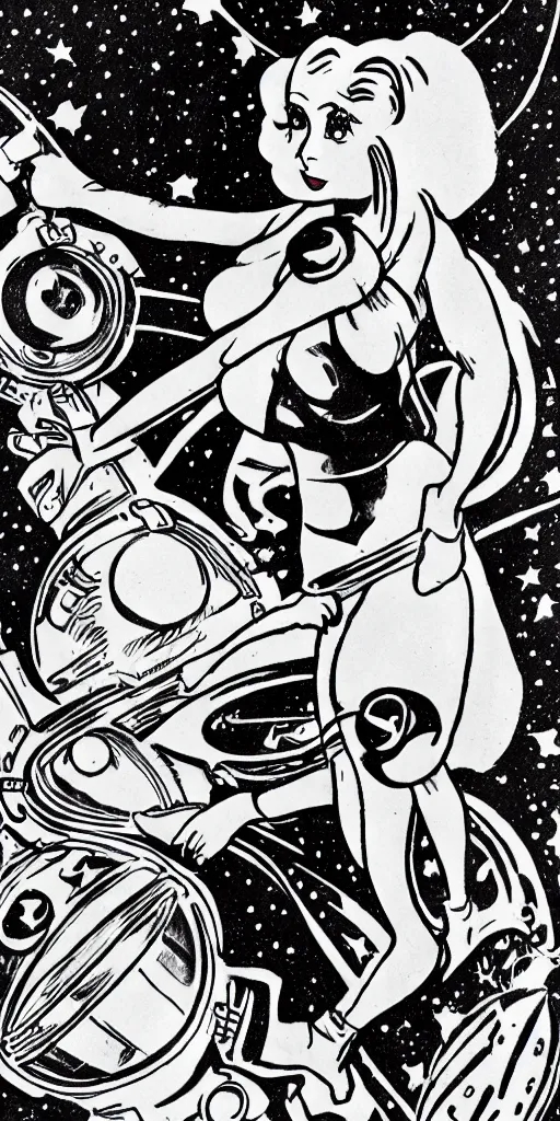 Prompt: old 1930s cartoon, space babe