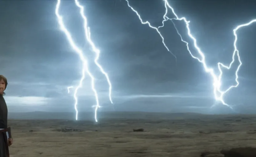 Image similar to screenshot portrait of Luke Skywalker in a lightning battlefield looking at the ghost of emporer palpatine, with scattered ruins of a fiery jedi rock temple, iconic scene from 1970s film by Stanley Kubrick, last jedi, 4k HD, cinematic lighting, beautiful portrait of Mark Hammill, moody scene, stunning cinematography, mcu effects, anamorphic lenses, kodak color film stock