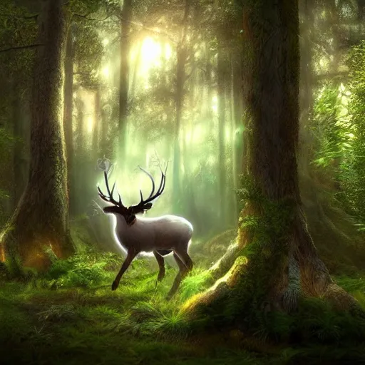 Prompt: hyper realistic beautiful fantasy elven celestial stag, in a magical and beautiful highly detailed forest background. sunlight rays throught the trees. concept digital art 8 k rendering.