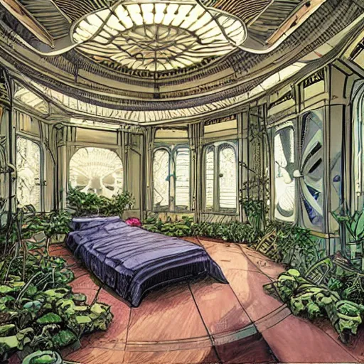 Prompt: Interior of a bedroom on a spaceship, in the background is large window showing a view of outer space, lush plants are spread around the room, intricate, elegant, highly detailed, smooth, sharp focus, detailed face, high contrast, graphic novel, art by Ardian Syaf,