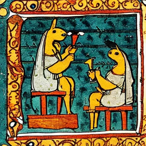 Image similar to medieval book illustration of two rabbits playing chess