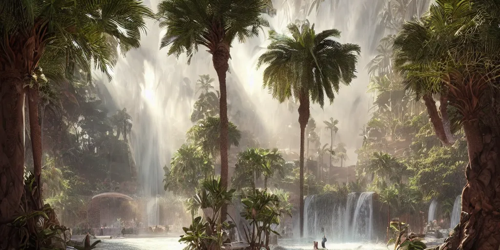 Image similar to beautiful oasis waterfalls surrounded by palm trees, moroccan tile archways, date trees, ivory towers, sun setting, ross tran, nephilim, pyroclastic flow, ethereal, fantasy, james jean, oozium, peter morbacher angelarium alchemy luxury heavenly light soft illumination, trending on artstation, cinematic lighting, digital painting, octane render, artgerm