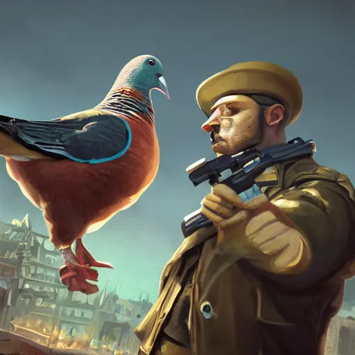 Image similar to oil painting of two pigeons holding guns, berets, medium shot, steampunk clothes, steampunk city background, sharp focus, fantasy style, octane render, volumetric lighting, 8k high definition, by greg rutkowski and james gilleard, highly detailed, trending on artStation, explosions, magic the gathering artwork, centered, 8k, hd