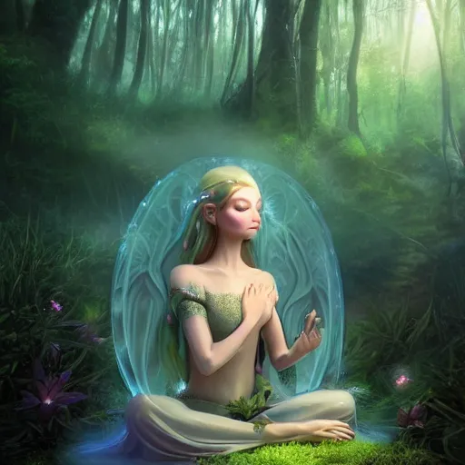 Prompt: elven princess meditating in forest, magical flowers, surrounded by fairies, beautiful face, wisps, surreal, surrealist art, digital art, trending on artstation, ultra detailed, intricate, sacred geometry, serene, beautiful, photo, realistic, perfect, smooth, light shafts, light diffusion, chromatic aberration, moebius, by moebius, peter mohrbacher