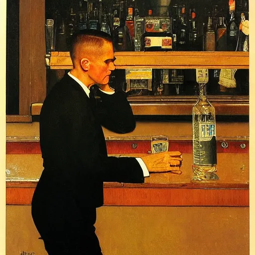 Image similar to a portrait of a man in the 1 9 6 0 s drinking alone in a bar late at night, by norman rockwell