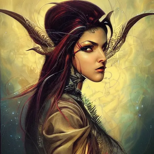 Prompt: beautiful female mage portrait in the style of Karol Bak