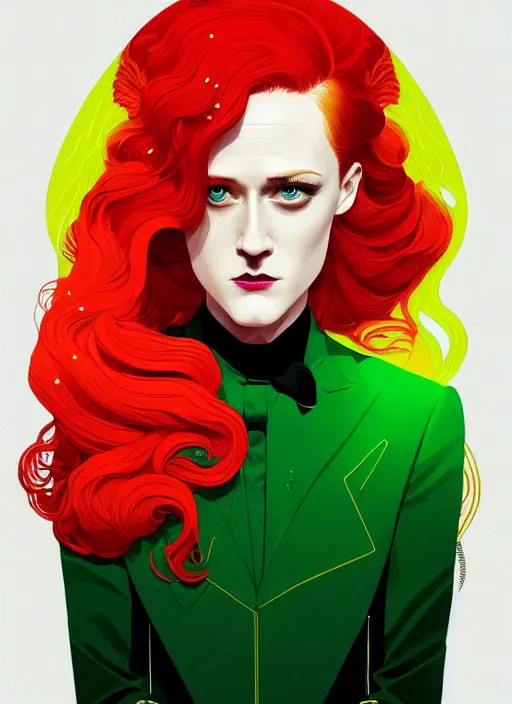 Prompt: portrait of evan rachel wood, green tuxedo, green eyes, red hair, artstation winner by victo ngai, kilian eng and by jake parker, by conrad roset, swirly vibrant color lines, winning award masterpiece, fantastically gaudy, aesthetic octane render, 8 k hd resolution