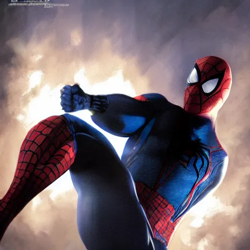 Image similar to ryan reynolds as spider - man, wearing a black and blue suit, cinematic, volumetric lighting, f 8 aperture, cinematic eastman 5 3 8 4 film, photorealistic by greg rutkowski, by stanley artgerm, by alphonse mucha