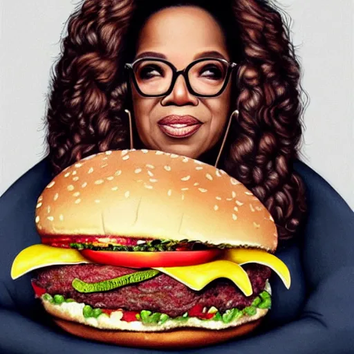 Image similar to portrait of oprah winfrey with bright red eyes, eating a huge hamburger, extra bacon lettuce and tomato, fantasy, intricate, elegant, highly detailed, digital painting, artstation, concept art, matte, sharp focus, illustration, art by aenaluck and roberto ferri and greg rutkowski, epic fantasy, digital painting