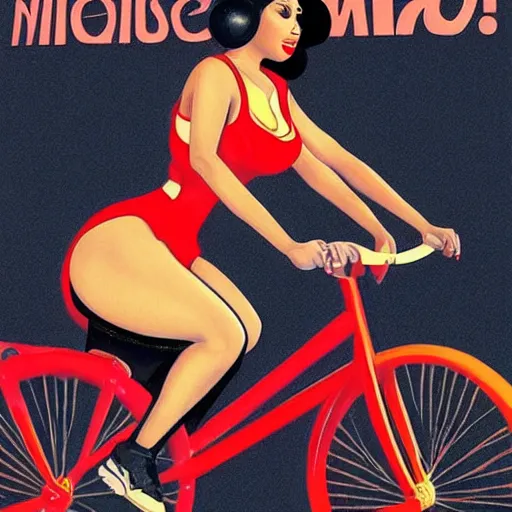 Image similar to portrait of nicki minaj riding a bicycle in summer, soviet propaganda poster, colored, artgerm, highly detailed