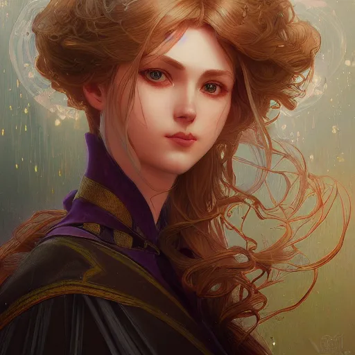 Image similar to portrait of a beautiful cute blonde violet evergarden with big red eyes, dark fantasy, intricate, elegant, highly detailed, digital painting, artstation, concept art, smooth, sharp focus, illustration, art by artgerm and greg rutkowski and alphonse mucha