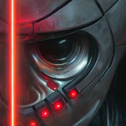 Image similar to robot with glowing red line for eye as a realistic scifi cyberpunk knight, closeup portrait art by donato giancola and greg rutkowski, realistic face, digital art, trending on artstation, symmetry!!!